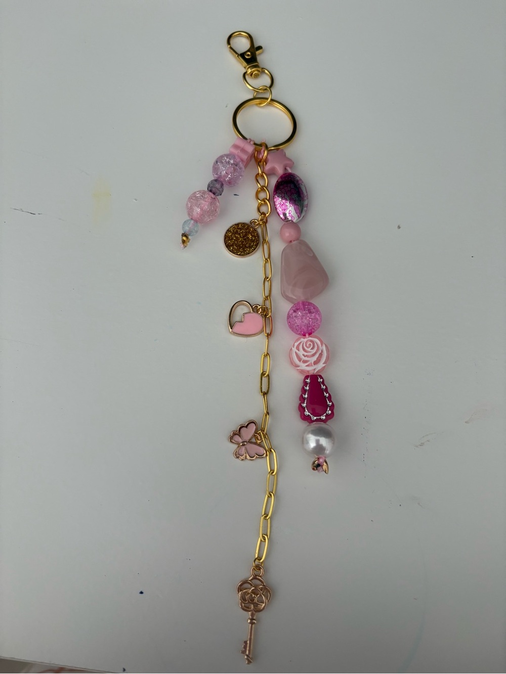 Handmade Gold Chain Pink Beaded Key & Card Holder Charm